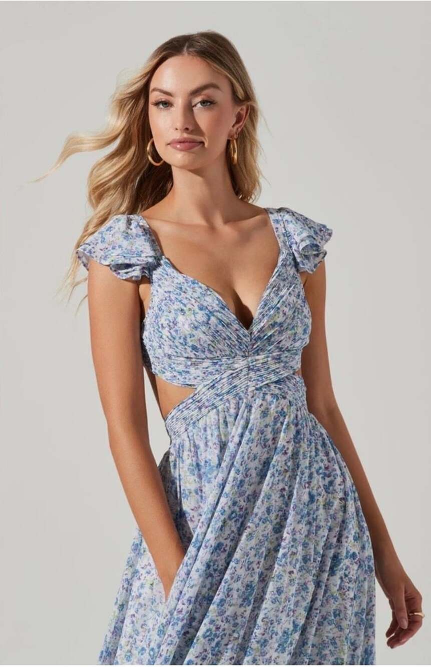 ASTR the Label Blue Floral Ruffle Maxi Cut-Out Dress Size L - Picture 2 of 11